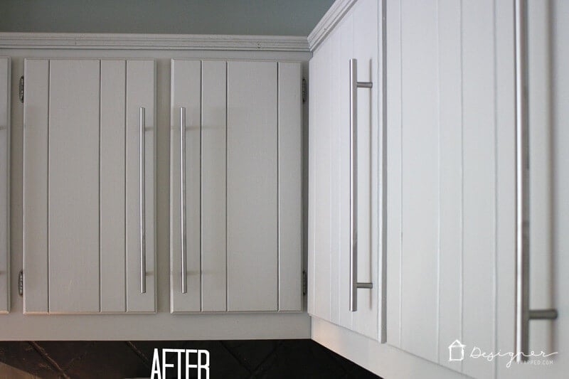 how to paint kitchen cabinets without sanding or priming- after photo of outdated oak cabinets painted by Tasha Agruso of Gadgetronicx