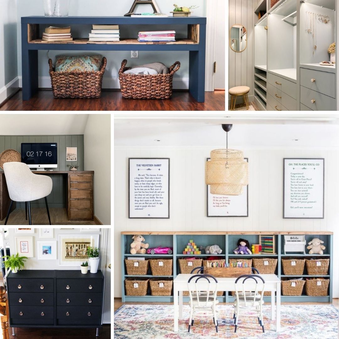 A collage of photographs featuring DIY IKEA hacks you won't believe such as cubbyholes, shelves, closet arrangements, framed photos and more. 