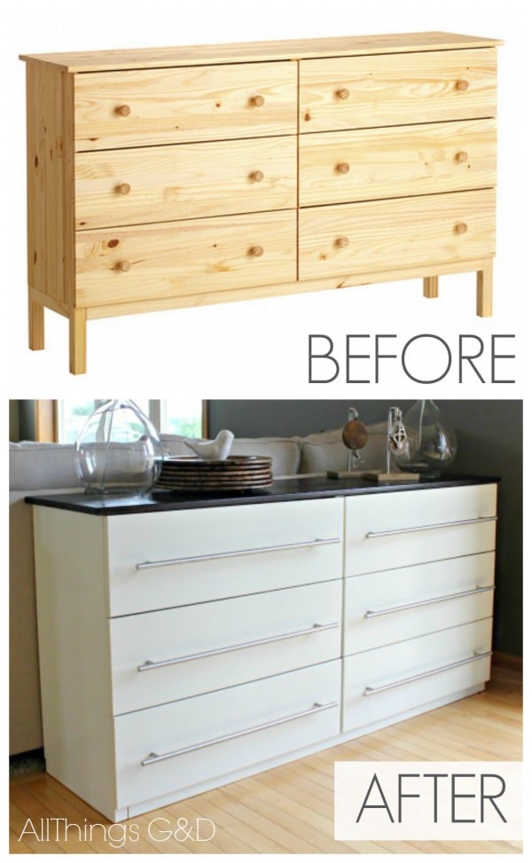 The top photo shows a plain wooden IKEA Tarva dresser, and the bottom photo shows the same dresser but painted white with stainless steel hardware and turned into a sideboard with this DIY IKEA hack.