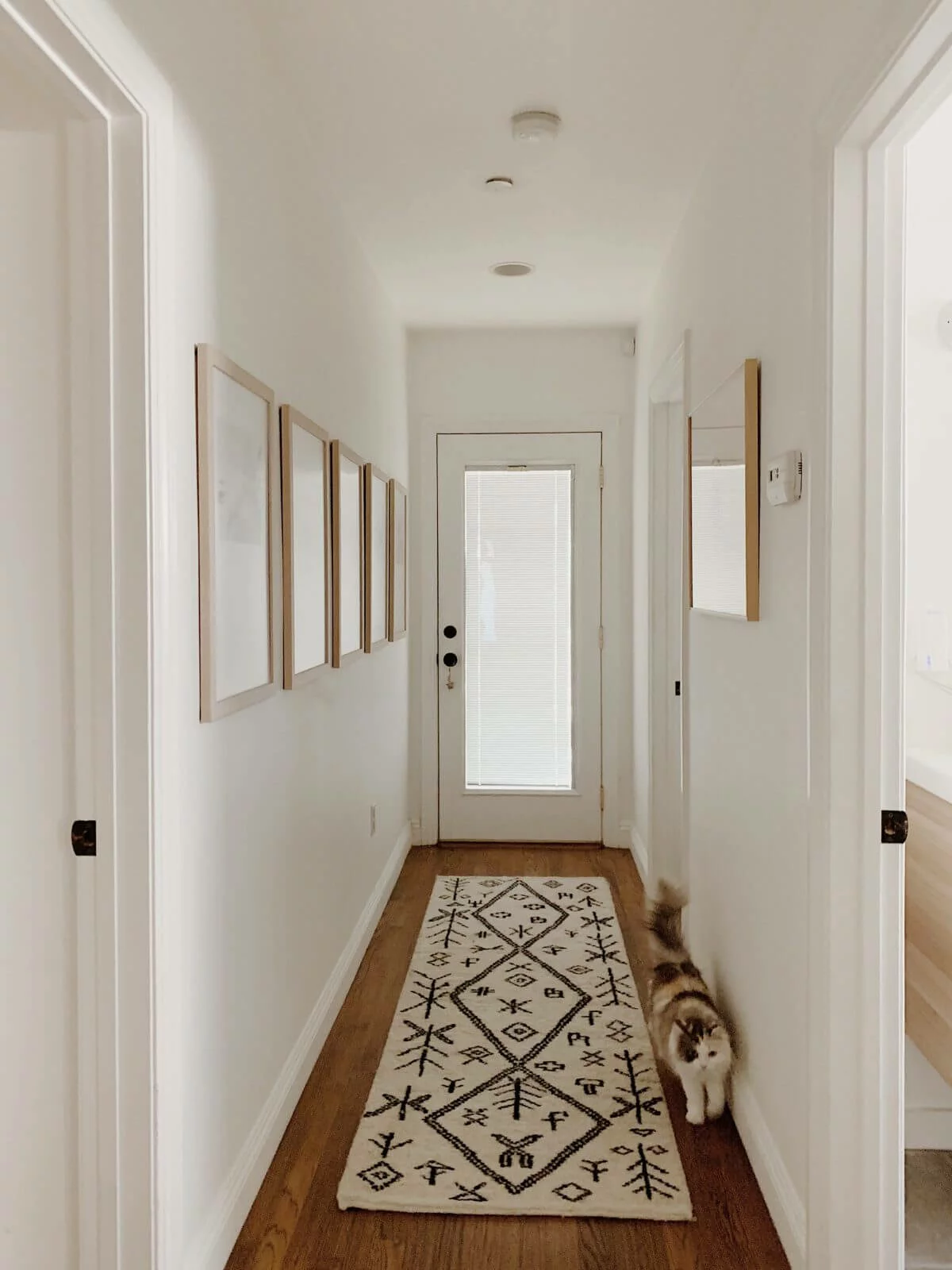 hallway with neutral tribal rug and wood framed pictures