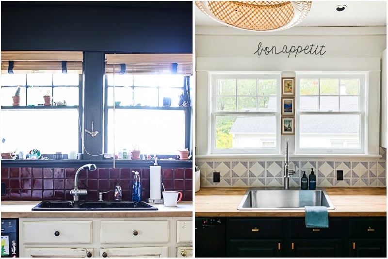 painted tile backsplash before and after by Tasha Agruso of Gadgetronicx