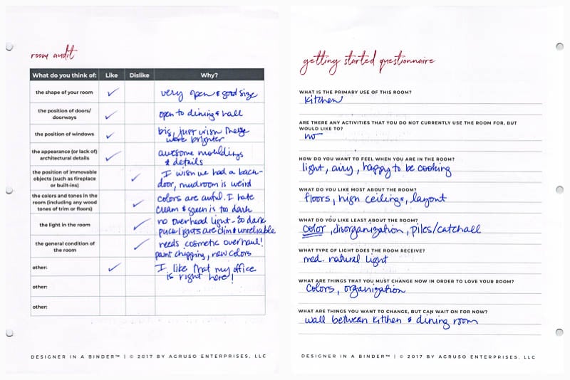 A photo of "Designer in a Binder" planning sheets used to create a budget-friendly kitchen makeover.