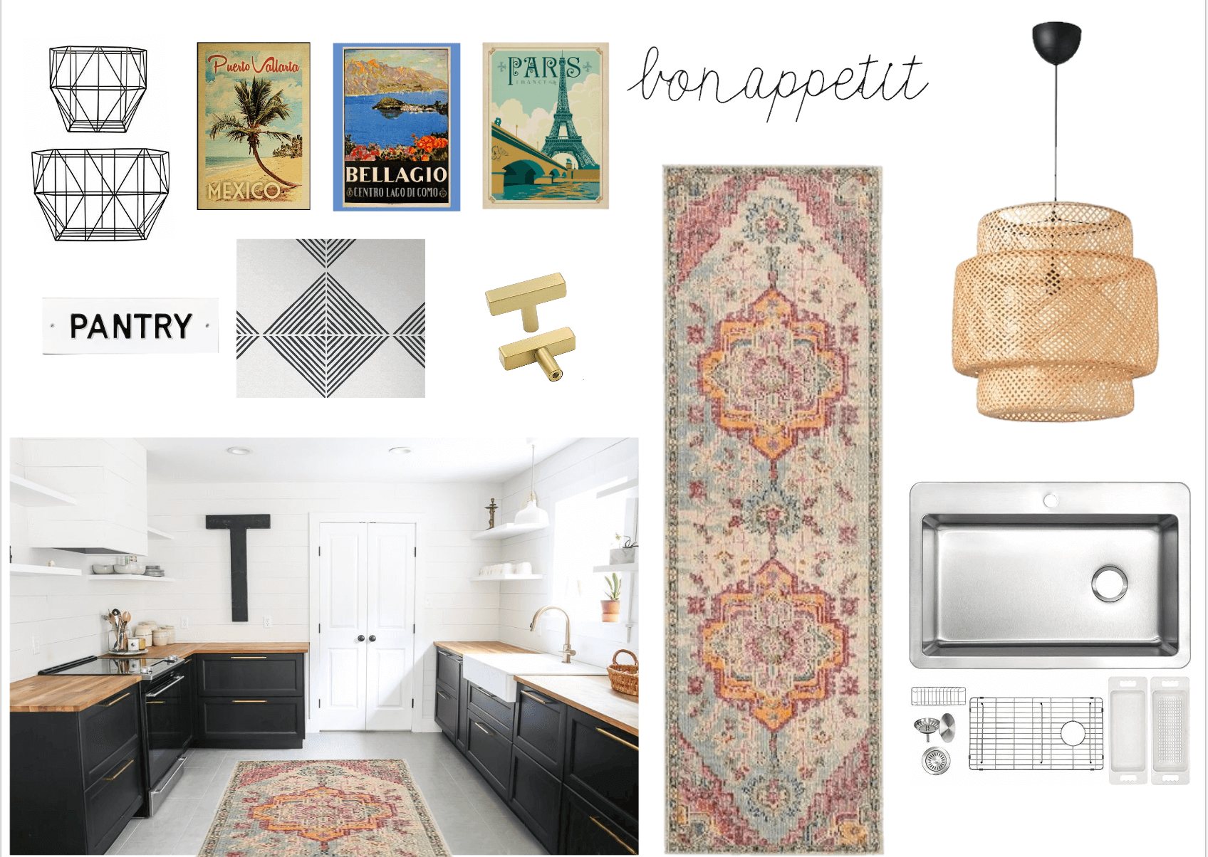 A mood board for a budget-friendly kitchen makeover mood board includes a muted rug runner, a beige chandelier, stainless steel sink, and a hardware along with a finished kitchen featuring black lower cabinets and white upper cabinets.