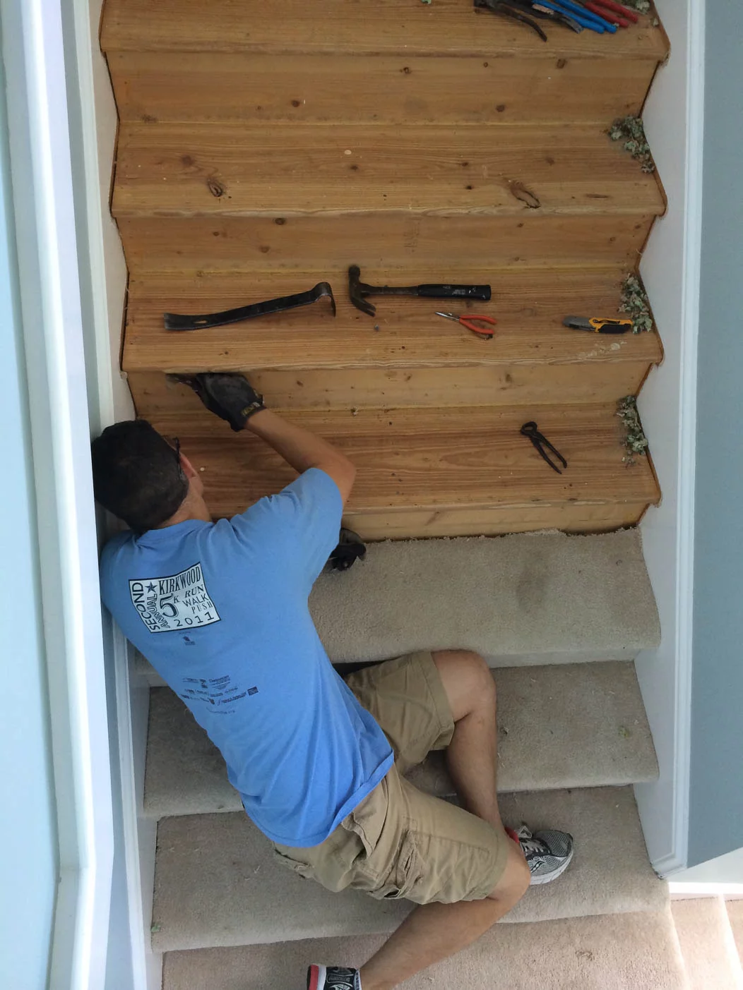 ripping carpet off of stairs to install hardwood treads