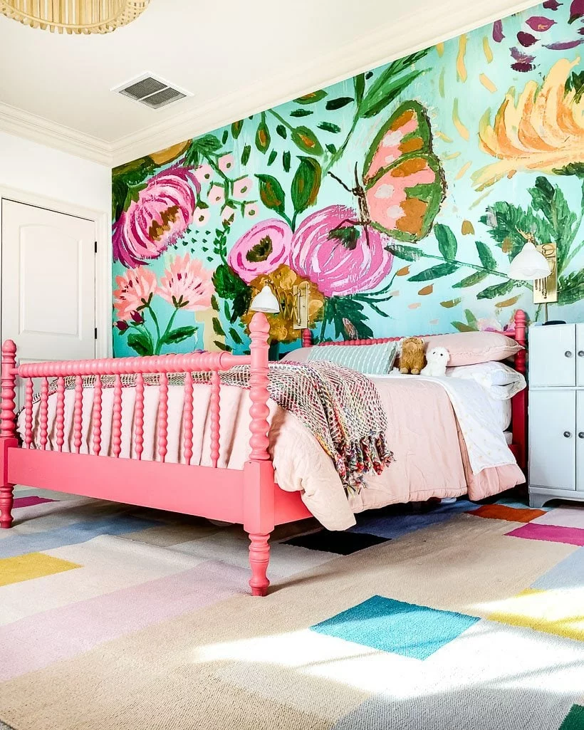 area rug on top of carpet in colorful girl's bedroom designed by Tasha Agruso of Gadgetronicx