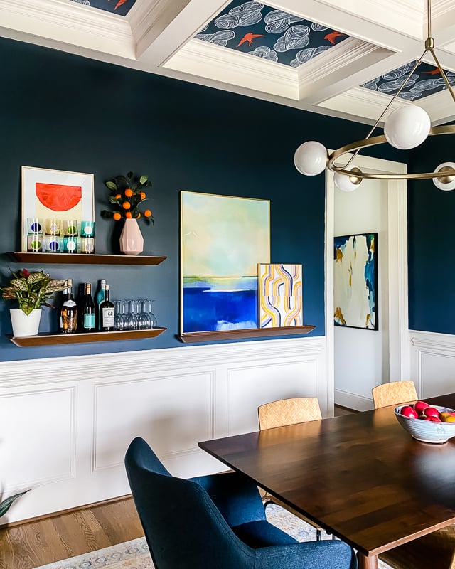 dining room wall with ledge and shelves