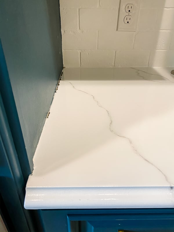 marble painted kitchen countertops before caulking by Tasha Agruso of Gadgetronicx