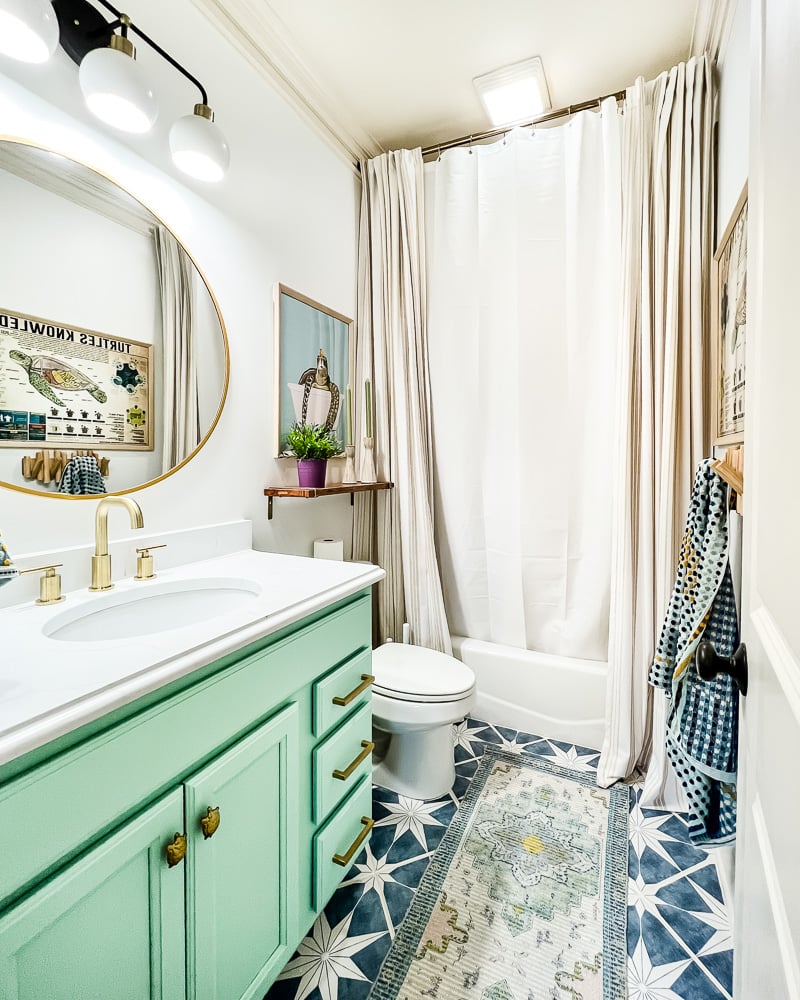 blue tile stickers in updated bathroom by Tasha Agruso of Gadgetronicx