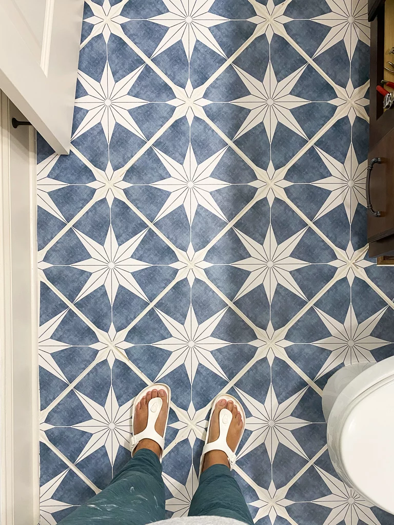 floor tile stickers in bathroom by Tasha Agruso of Gadgetronicx