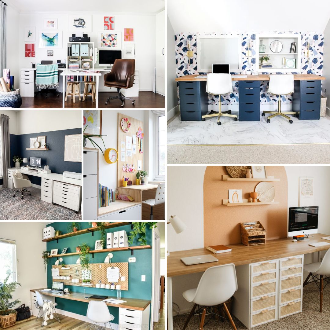 Five pictures of different IKEA desk hacks create a collage of functional and stylish home office space.