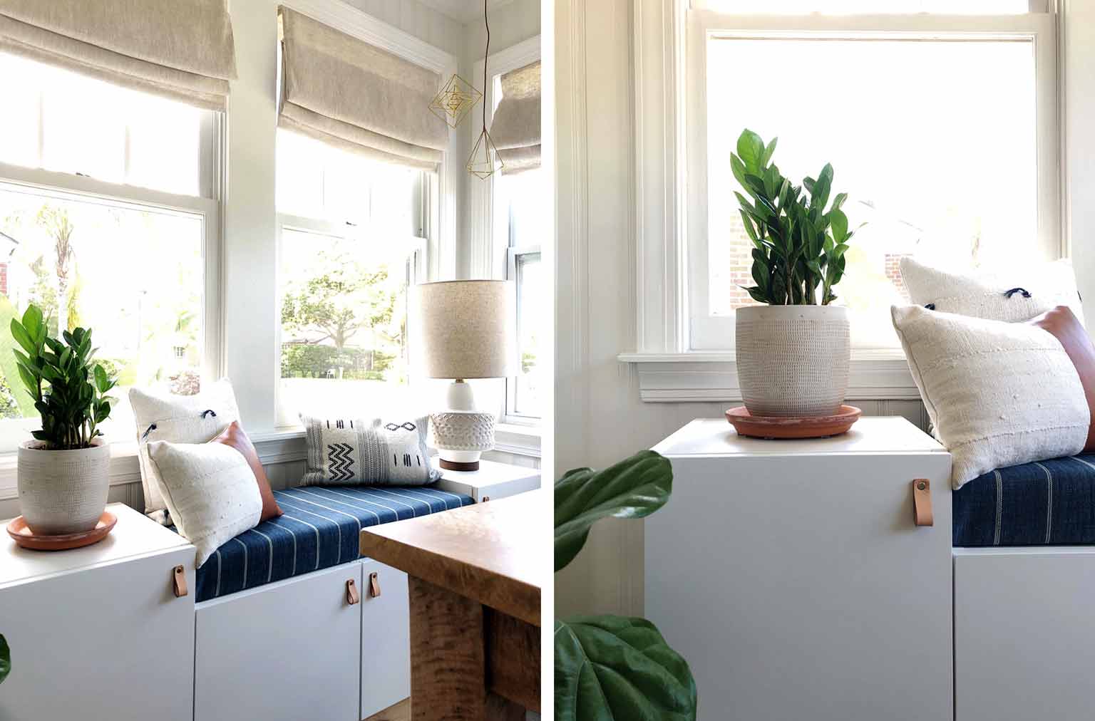 Two pics from different angles of a white and blue dining room window seat made from IKEA Sektion cabinets and a cushion. 