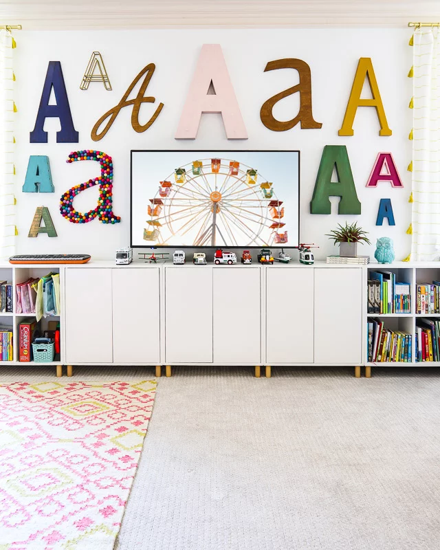 Sherwin Williams Pure White walls in colorful family bonus room