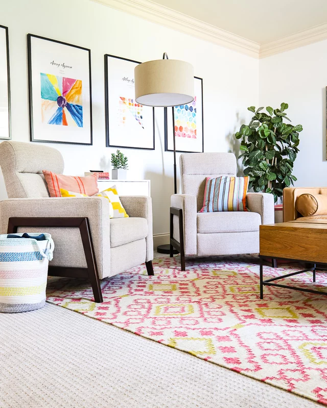 2 accent chairs in colorful family room