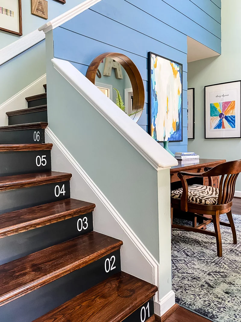 updated staircase after removing carpet and installing DIY wood stair treads