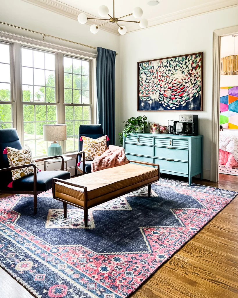 velvet navy blue accent chairs in casual sitting area of home