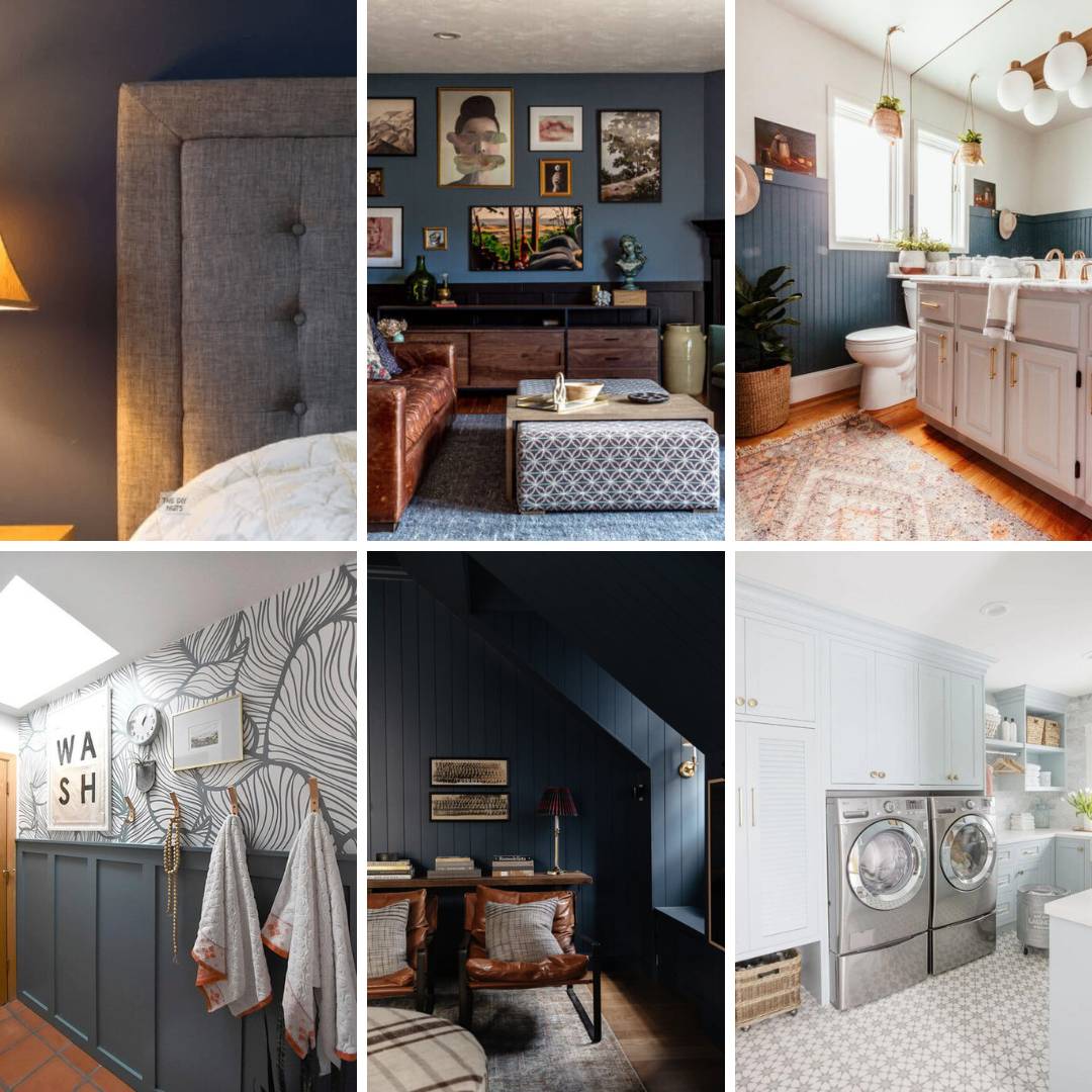 blue gray paint colorsA collage of six photos demonstrating the different hues of blue gray paint colors in a mudroom, laundry room, dining room, quaint living room, and a bathroom. 