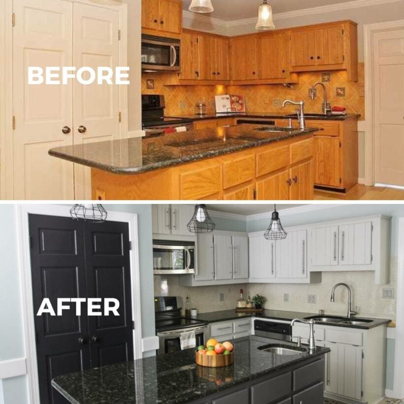 before and after of kitchen with DIY painted kitchen cabinets by Tasha Agruso of Gadgetronicx