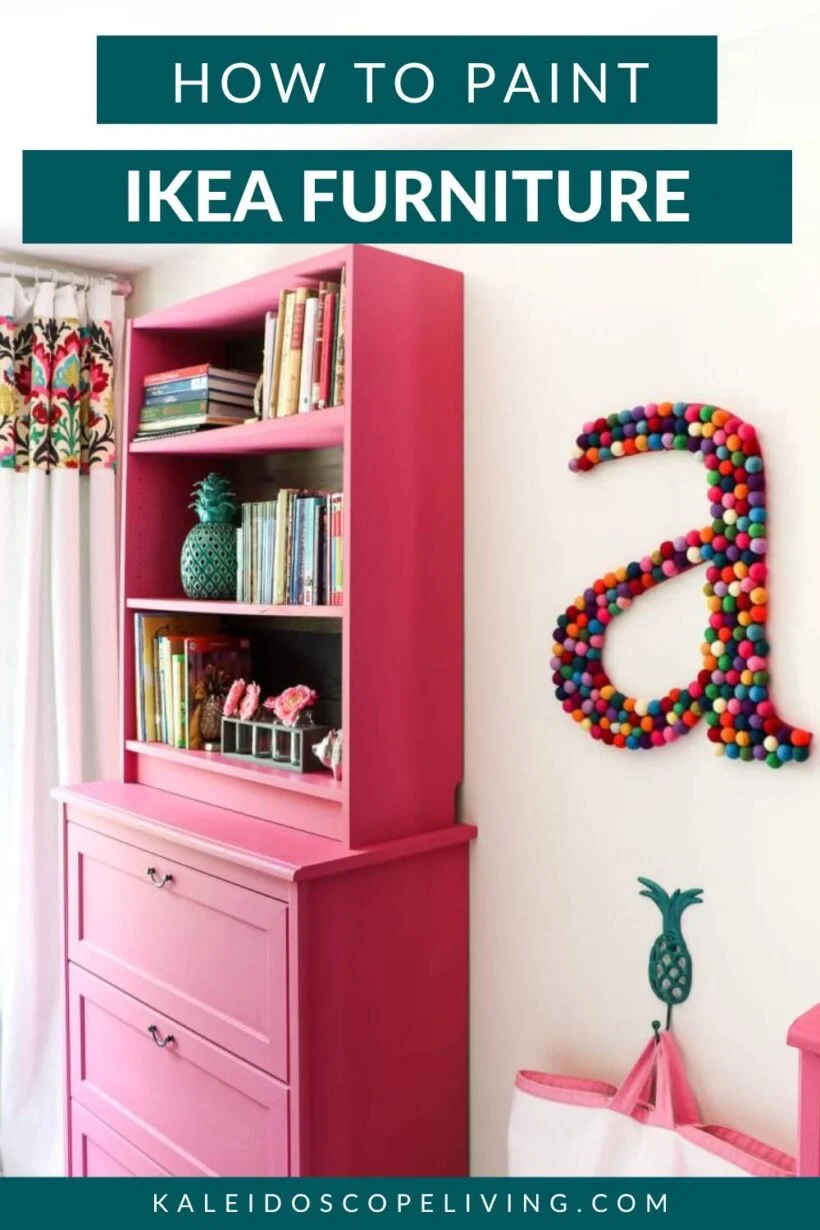 photo of IKEA furniture painted a vibrant pink color with text overlay that reads "how to paint IKEA furniture"