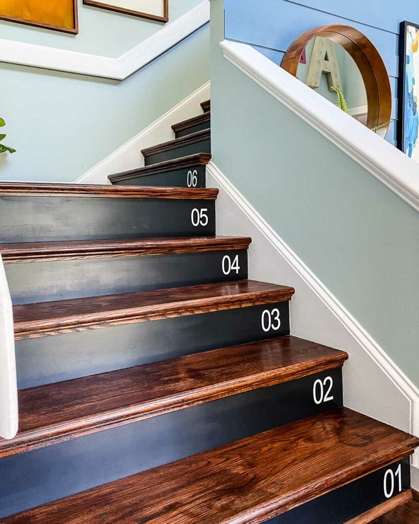 stairs after carpet removed and DIY wood stair treads installed