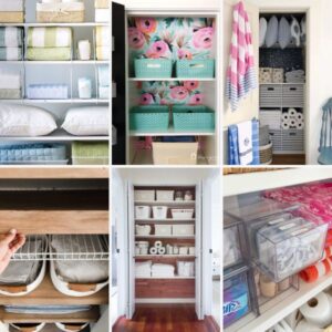 collage of images of linen closet organization ideas