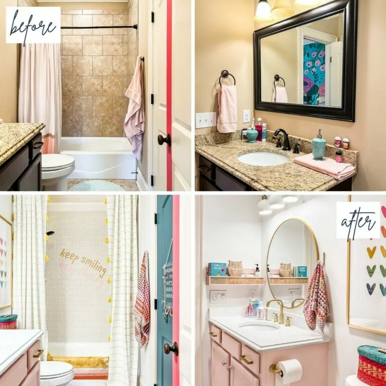 collage of 4 images showing before and after of girl's bathroom after a DIY budget-friendly makeover