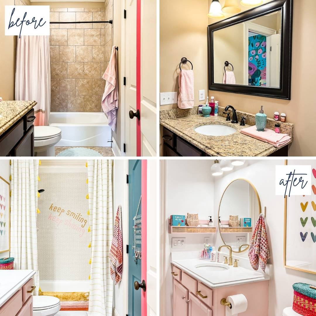 A collage of four images showing before and after of girl's bathroom after a DIY budget-friendly makeover. 